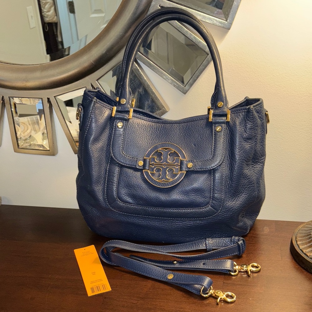 Tory Burch Amanda Blue/navy Hobo Bag with Metallic Logo & shoulder strap